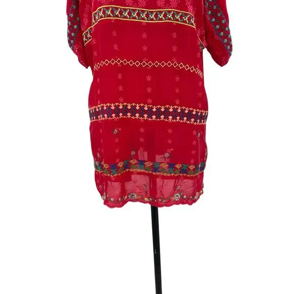 Johnny Was Daisy Eyelet Tunic‎ Top Short Sleeve Embroidered Red Size PL Petites - Picture 4 of 8